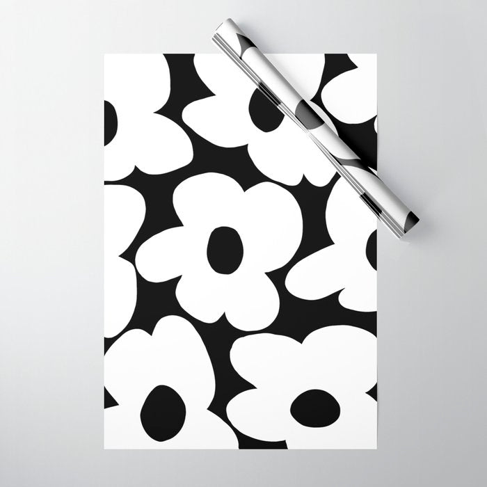 White Retro Flowers Black Background #decor #society6 #buyart Wrapping Paper Gallery Image 1