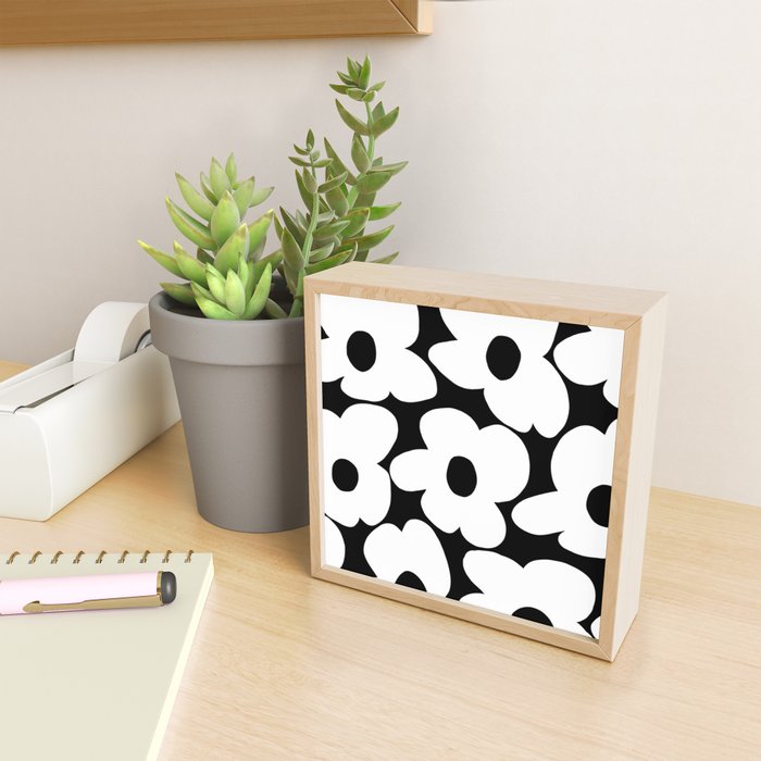 White Retro Flowers Black Background #decor #society6 #buyart Mini Art Print Gallery Image 2