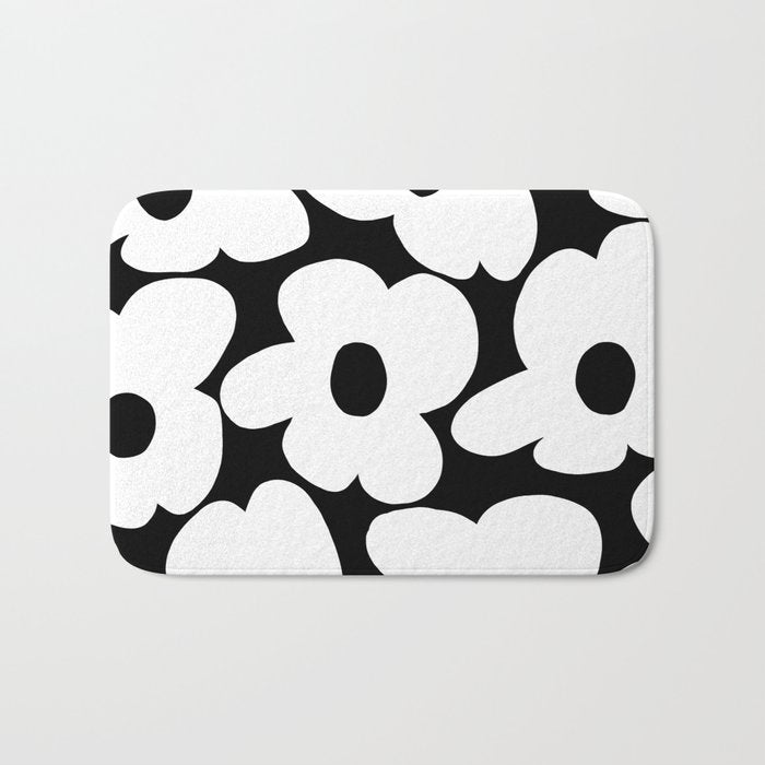 White Retro Flowers Black Background #decor #society6 #buyart Bath Mat Gallery Image 1