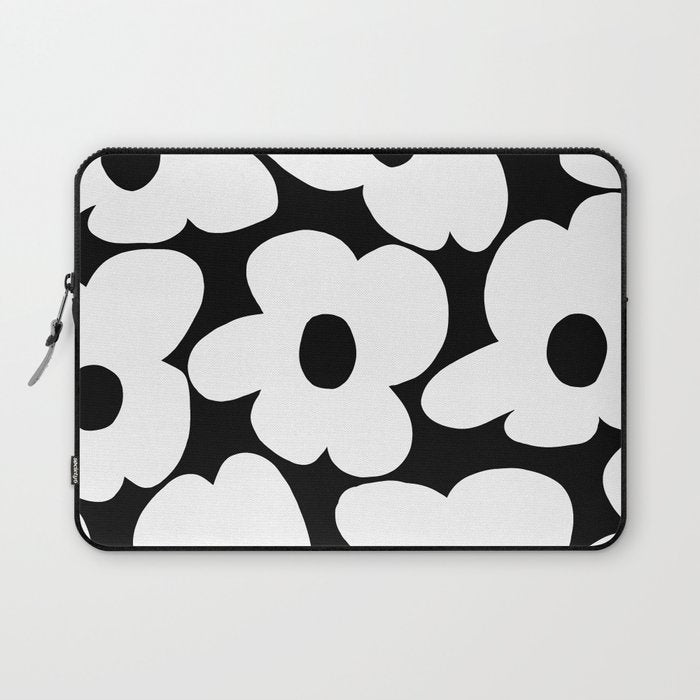White Retro Flowers Black Background #decor #society6 #buyart Laptop Sleeve Gallery Image 1