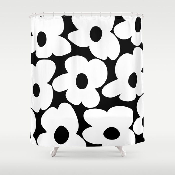White Retro Flowers Black Background #decor #society6 #buyart Shower Curtain Gallery Image 1