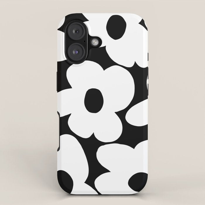 White Retro Flowers Black Background #decor #society6 #buyart iPhone Case Gallery Image 1