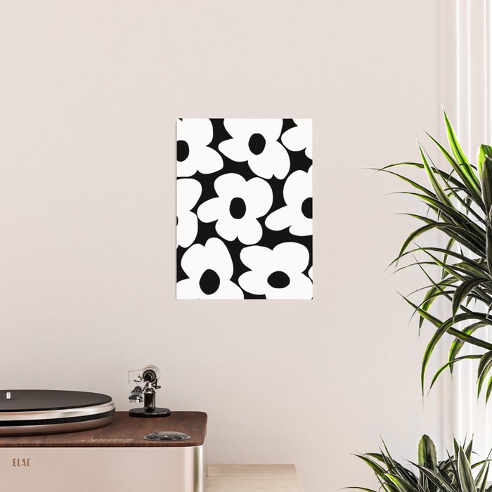 White Retro Flowers Black Background #decor #society6 #buyart Poster Gallery Image 2