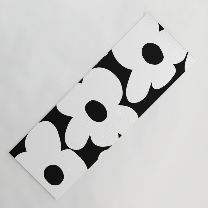 White Retro Flowers Black Background #decor #society6 #buyart Yoga Mat Gallery Image 1