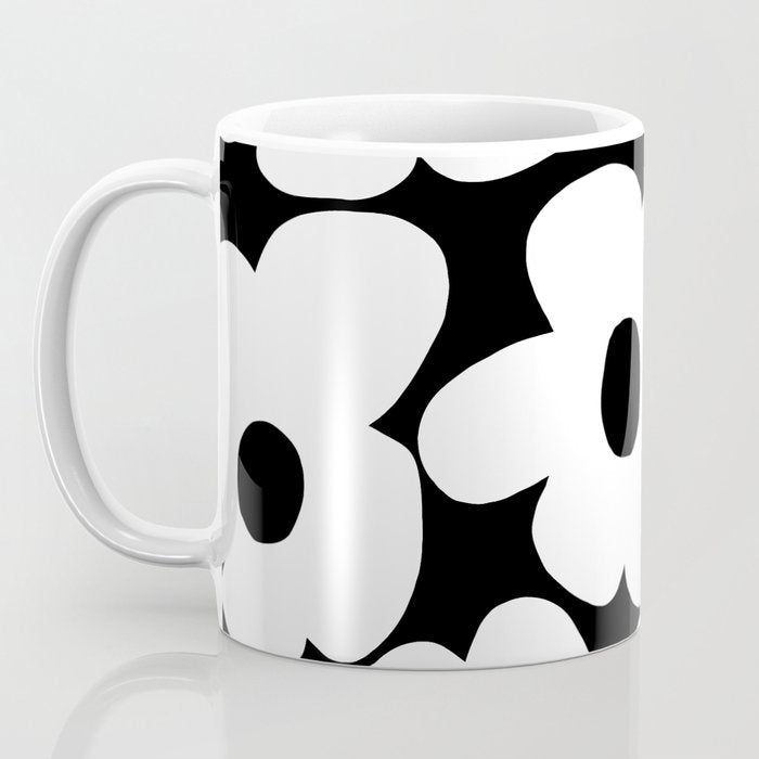 White Retro Flowers Black Background #decor #society6 #buyart Coffee Mug Gallery Image 3
