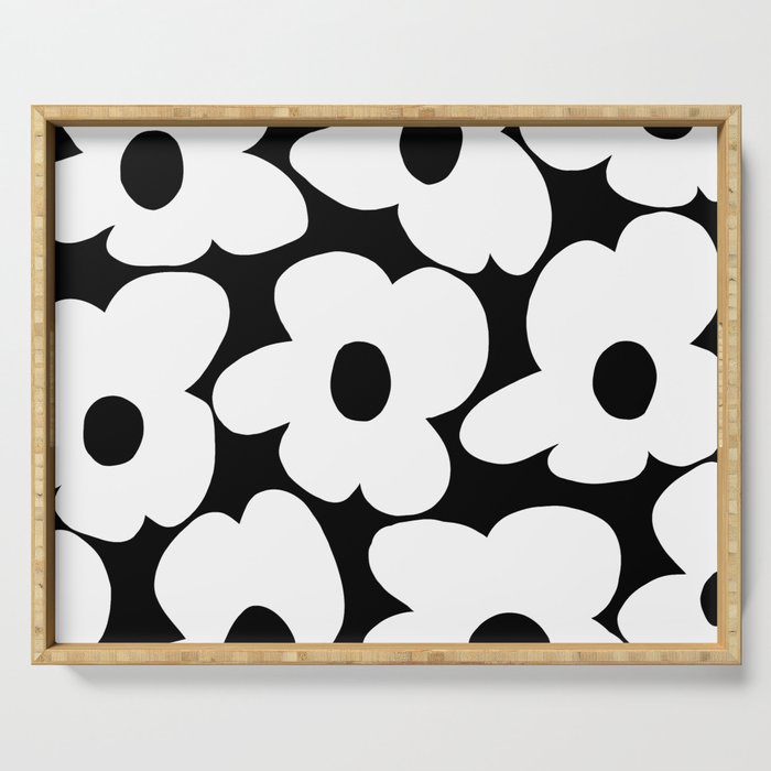 White Retro Flowers Black Background #decor #society6 #buyart Serving Tray Gallery Image 1