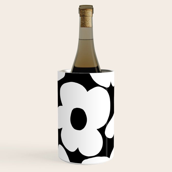 White Retro Flowers Black Background #decor #society6 #buyart Wine Chiller Gallery Image 1