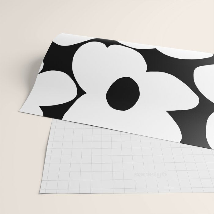 White Retro Flowers Black Background #decor #society6 #buyart Wrapping Paper Gallery Image 2