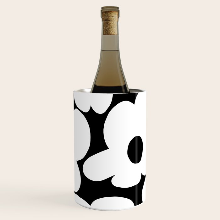 White Retro Flowers Black Background #decor #society6 #buyart Wine Chiller Gallery Image 3