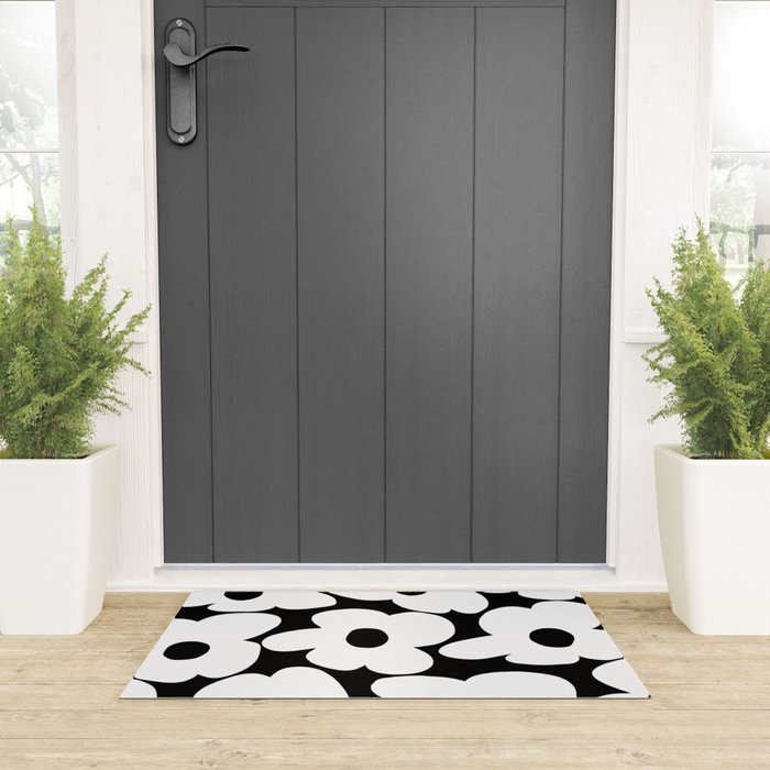 White Retro Flowers Black Background #decor #society6 #buyart Welcome Mat Gallery Image 3