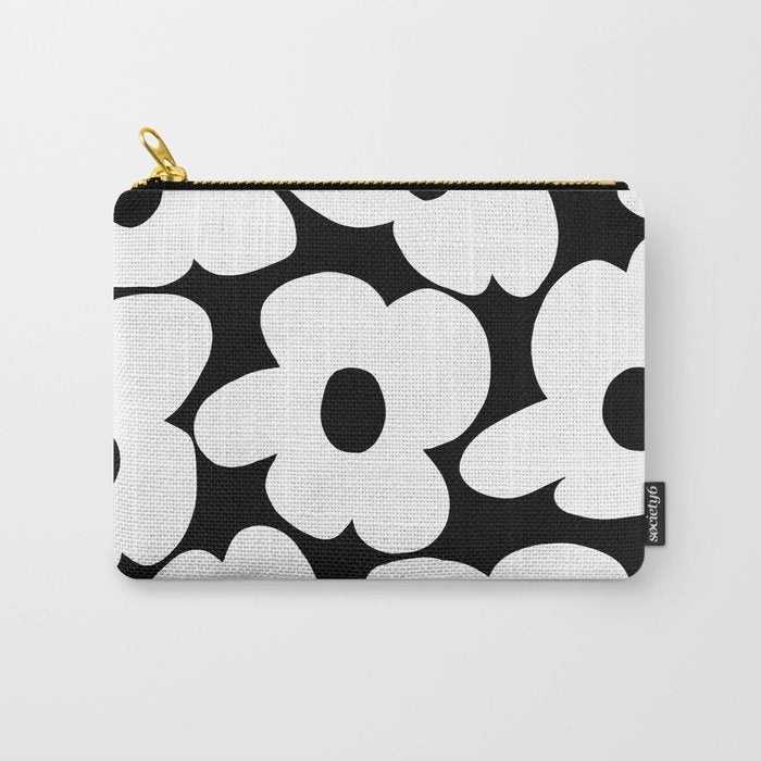 White Retro Flowers Black Background #decor #society6 #buyart Carry All Pouch Gallery Image 1