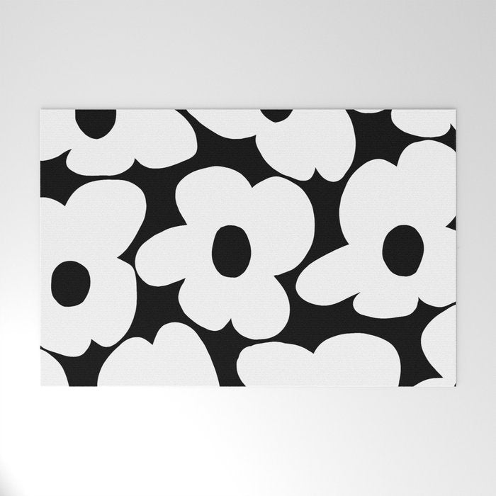 White Retro Flowers Black Background #decor #society6 #buyart Welcome Mat Gallery Image 1