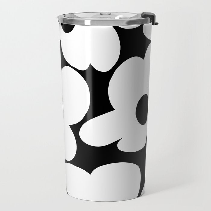 White Retro Flowers Black Background #decor #society6 #buyart Travel Mug Gallery Image 2