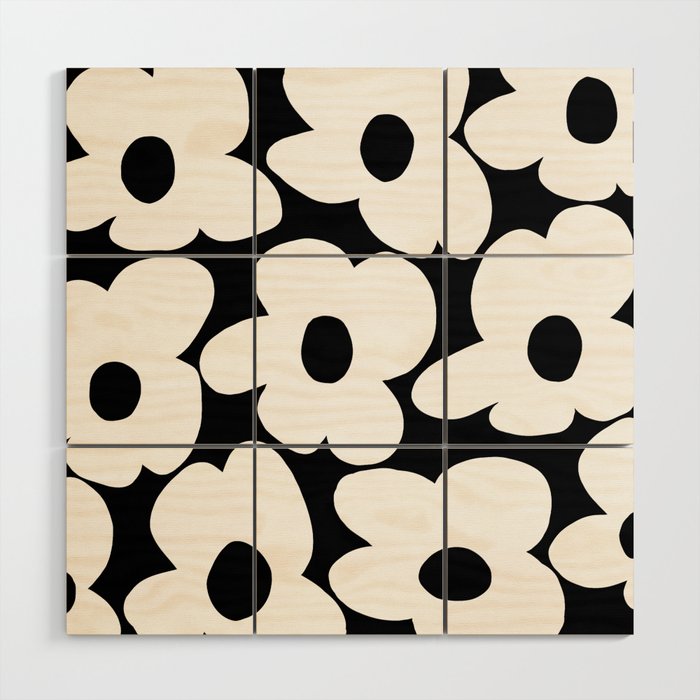 White Retro Flowers Black Background #decor #society6 #buyart Wood Wall Art Gallery Image 1