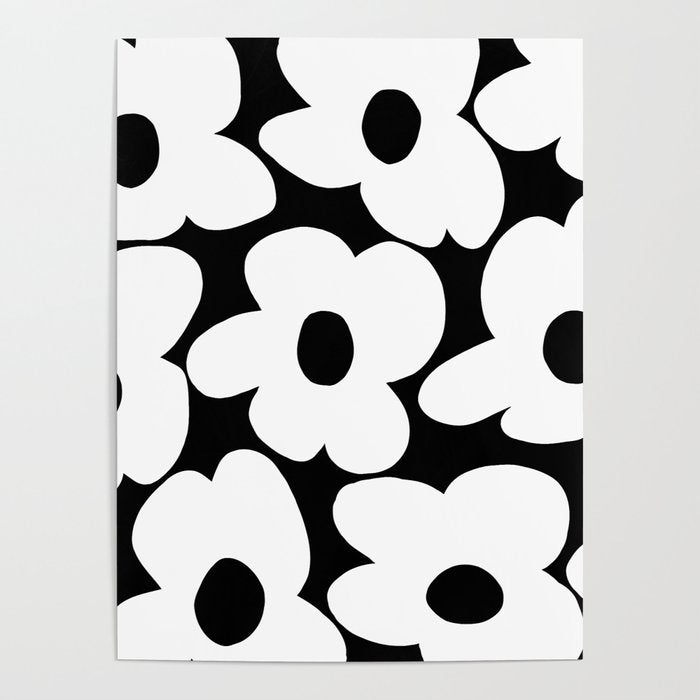 White Retro Flowers Black Background #decor #society6 #buyart Poster Gallery Image 4