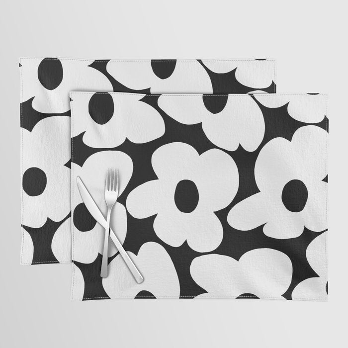 White Retro Flowers Black Background #decor #society6 #buyart Placemat Gallery Image 1