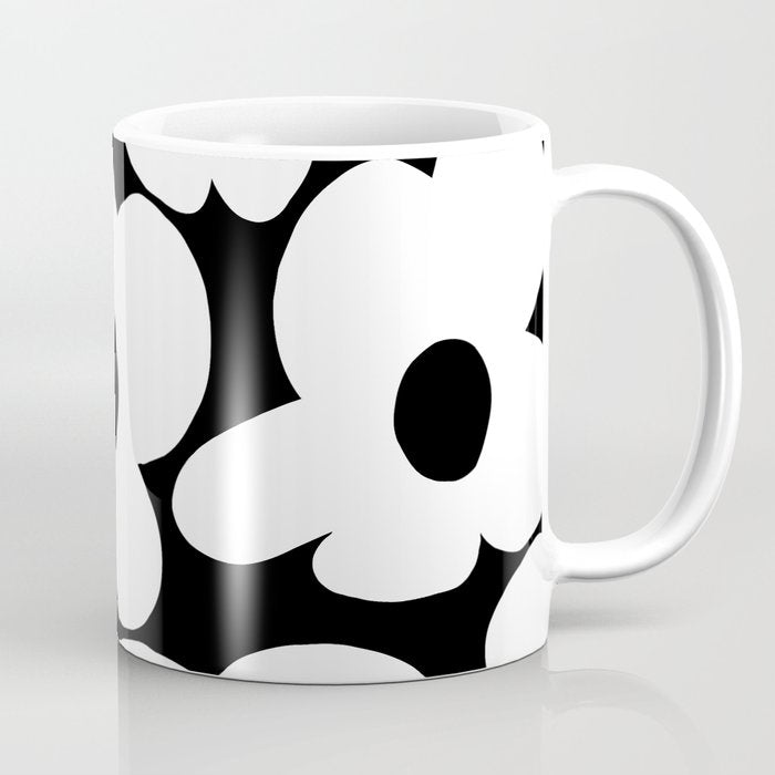 White Retro Flowers Black Background #decor #society6 #buyart Coffee Mug Gallery Image 1