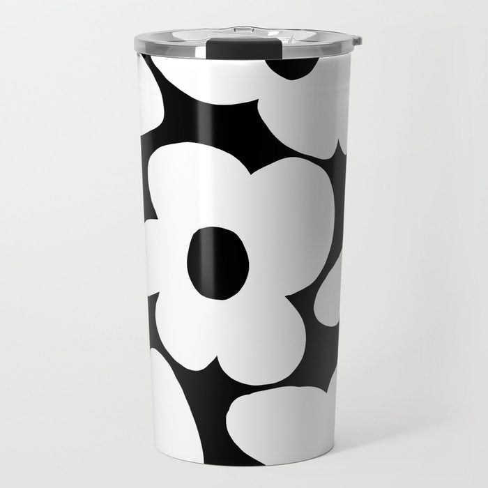 White Retro Flowers Black Background #decor #society6 #buyart Travel Mug Gallery Image 1