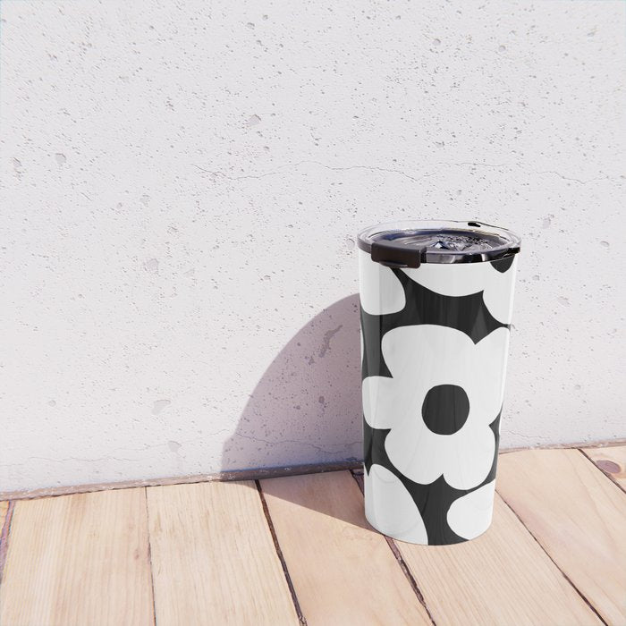 White Retro Flowers Black Background #decor #society6 #buyart Travel Mug Gallery Image 4