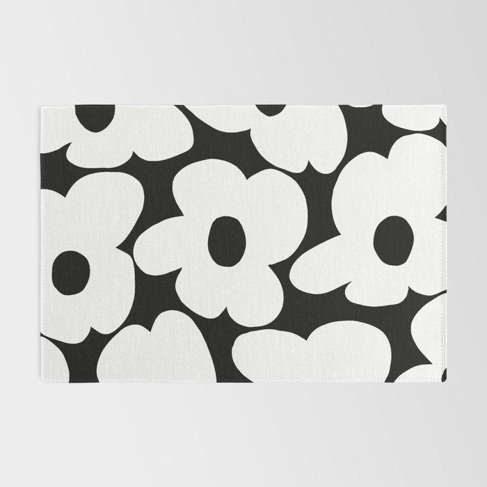 White Retro Flowers Black Background #decor #society6 #buyart Rug Gallery Image 2