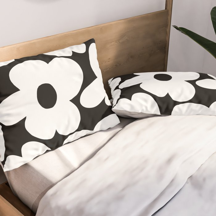 White Retro Flowers Black Background #decor #society6 #buyart Pillow Sham Gallery Image 2