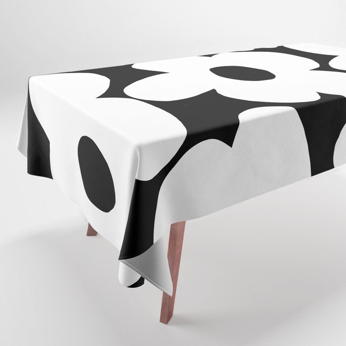 White Retro Flowers Black Background #decor #society6 #buyart Tablecloth Gallery Image 1