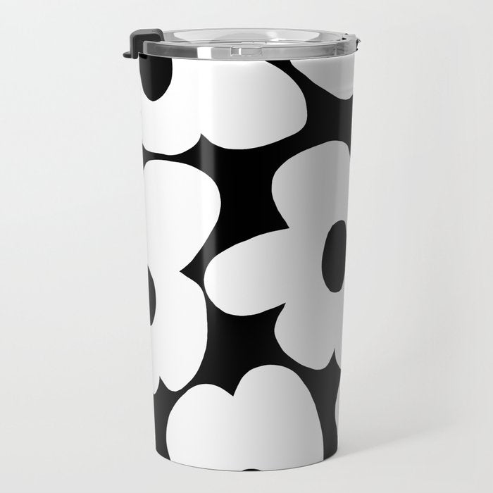 White Retro Flowers Black Background #decor #society6 #buyart Travel Mug Gallery Image 3
