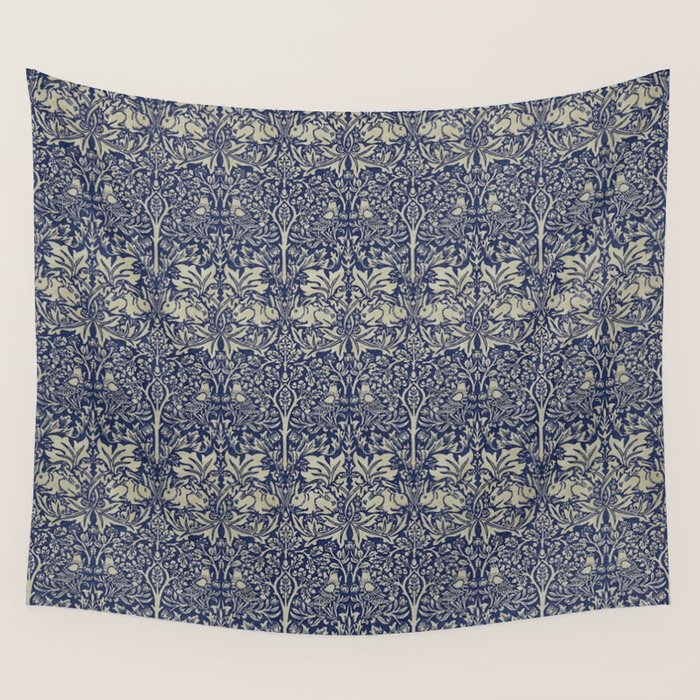 William Morris Brer Rabbit Indigo Blue Vintage Pattern Wall Tapestry Gallery Image 1