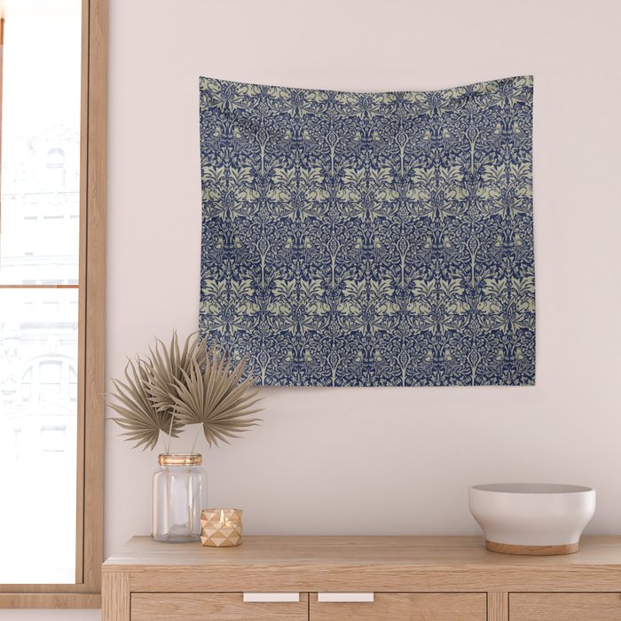 William Morris Brer Rabbit Indigo Blue Vintage Pattern Wall Tapestry Gallery Image 2