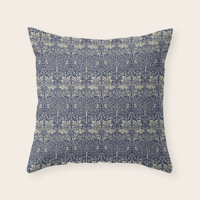 William Morris Brer Rabbit Indigo Blue Vintage Pattern Throw Pillow Gallery Image 1