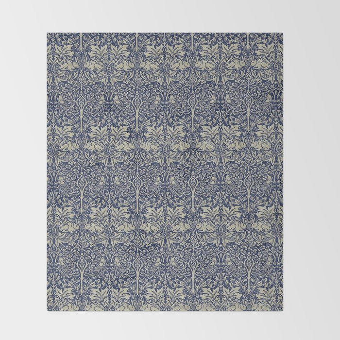 William Morris Brer Rabbit Indigo Blue Vintage Pattern Throw Blanket Gallery Image 2