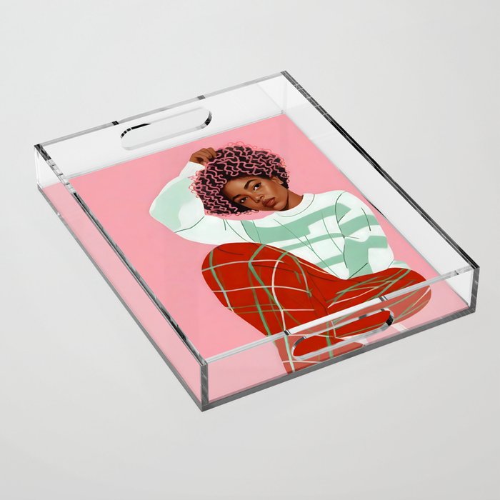 Un-Confine, Free Spirit Colorful People, Plaid Check Pattern Black Woman Afro, Tartar Fashion Eclectic Bohemian, Hep Chic Illustration Painting Acrylic Tray Gallery Image 1