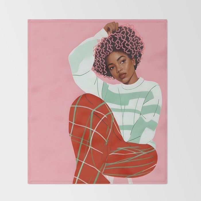Un-Confine, Free Spirit Colorful People, Plaid Check Pattern Black Woman Afro, Tartar Fashion Eclectic Bohemian, Hep Chic Illustration Painting Throw Blanket Gallery Image 2