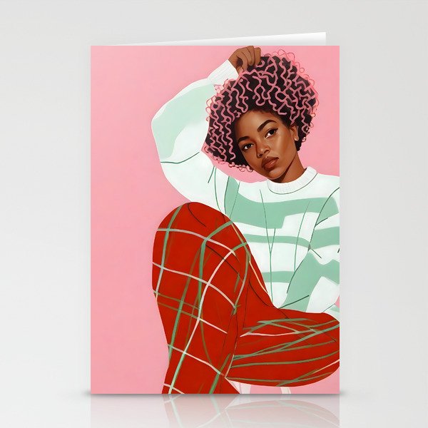 Un-Confine, Free Spirit Colorful People, Plaid Check Pattern Black Woman Afro, Tartar Fashion Eclectic Bohemian, Hep Chic Illustration Painting Stationery Card Gallery Image 1
