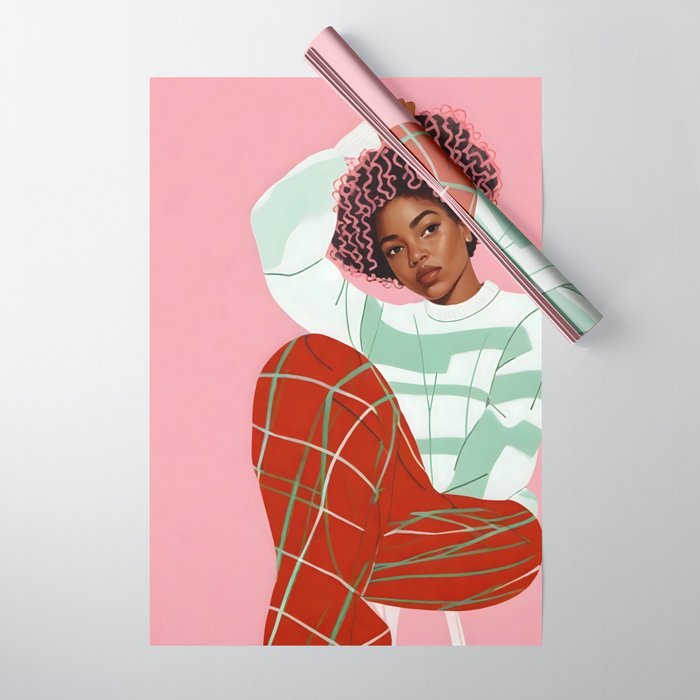 Un-Confine, Free Spirit Colorful People, Plaid Check Pattern Black Woman Afro, Tartar Fashion Eclectic Bohemian, Hep Chic Illustration Painting Wrapping Paper Gallery Image 1