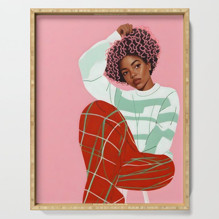 Un-Confine, Free Spirit Colorful People, Plaid Check Pattern Black Woman Afro, Tartar Fashion Eclectic Bohemian, Hep Chic Illustration Painting Serving Tray Gallery Image 1