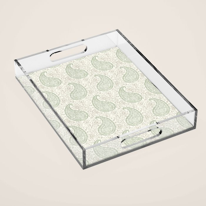 Block Print Paisley - sage and light taupe Acrylic Tray Gallery Image 1