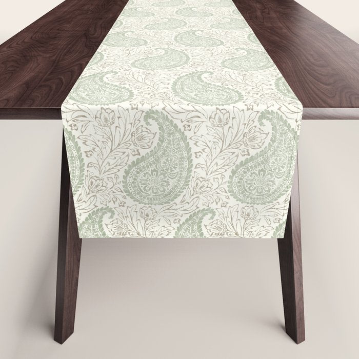Block Print Paisley - sage and light taupe Table Runner Gallery Image 1