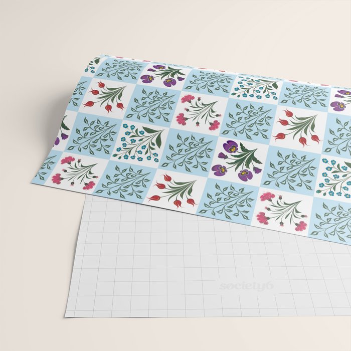 Turkish Ebru - Checkered Flowers Wrapping Paper Gallery Image 2