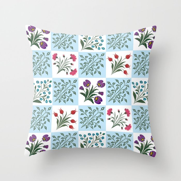 Turkish Ebru - Checkered Flowers Throw Pillow Gallery Image 1