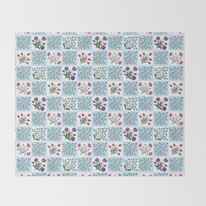Turkish Ebru - Checkered Flowers Throw Blanket Gallery Image 2