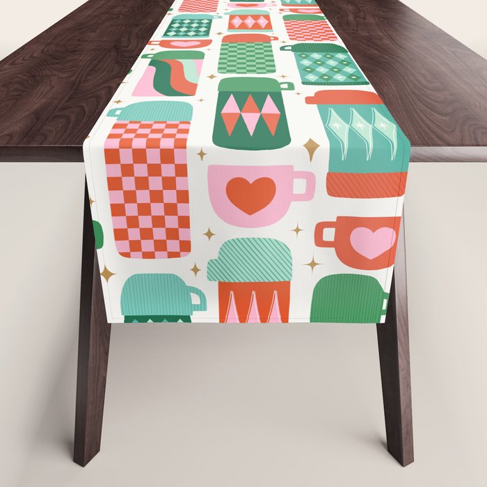 Retro Christmas Thermoses Red Pink and Green on White Table Runner Gallery Image 1