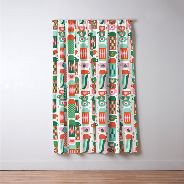 Retro Christmas Thermoses Red Pink and Green on White Window Curtain Gallery Image 3