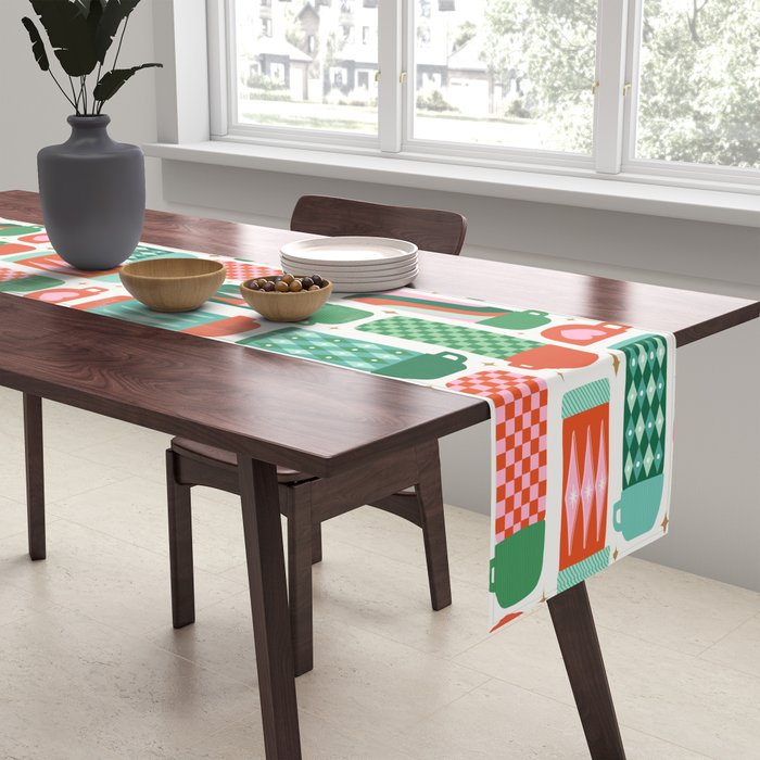 Retro Christmas Thermoses Red Pink and Green on White Table Runner Gallery Image 2