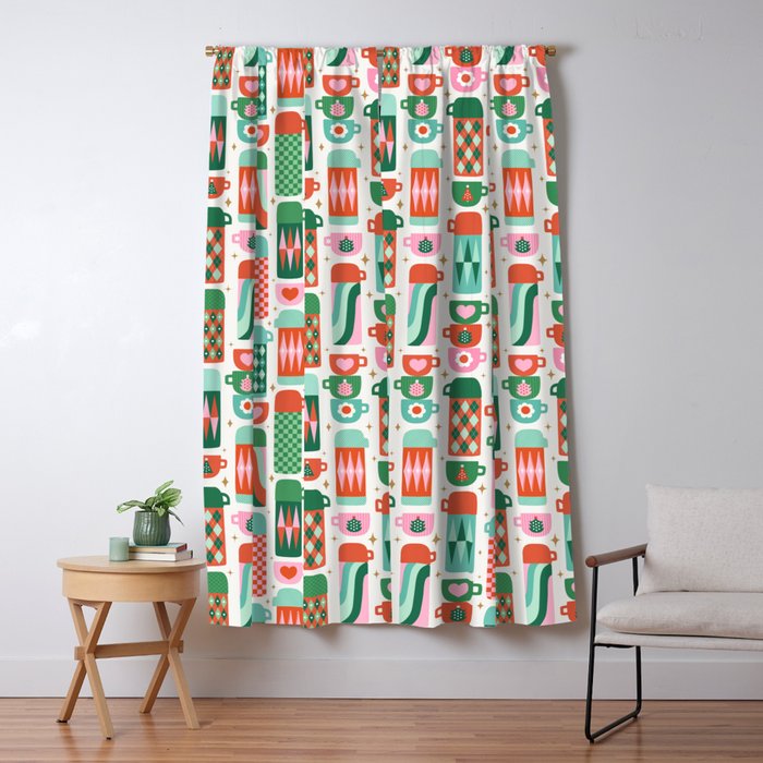 Retro Christmas Thermoses Red Pink and Green on White Window Curtain Gallery Image 1