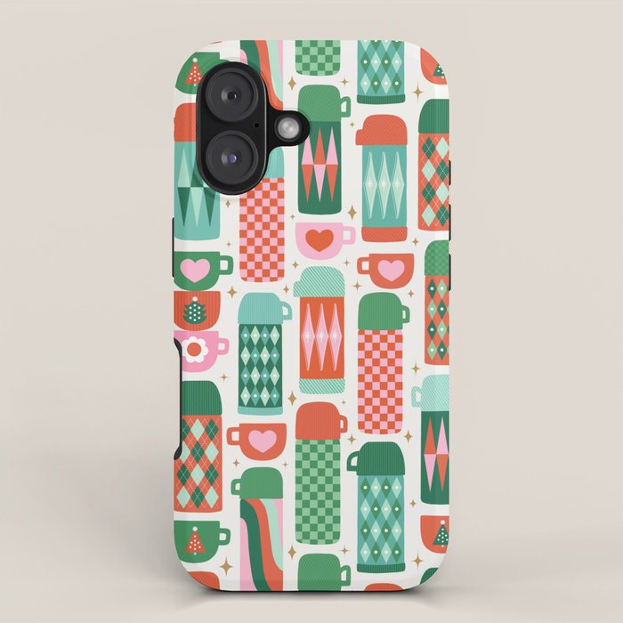 Retro Christmas Thermoses Red Pink and Green on White iPhone Case Gallery Image 1