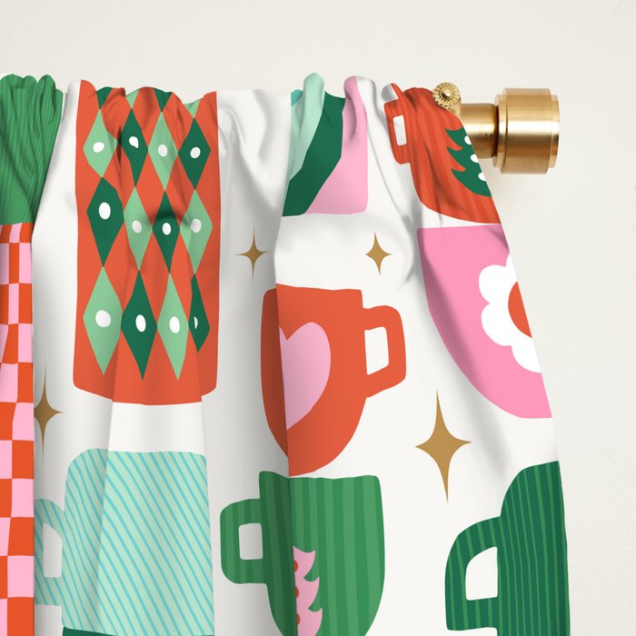 Retro Christmas Thermoses Red Pink and Green on White Window Curtain Gallery Image 2