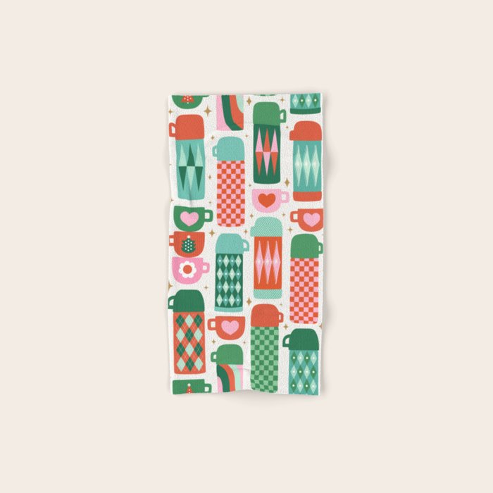 Retro Christmas Thermoses Red Pink and Green on White Bath Towel Gallery Image 1