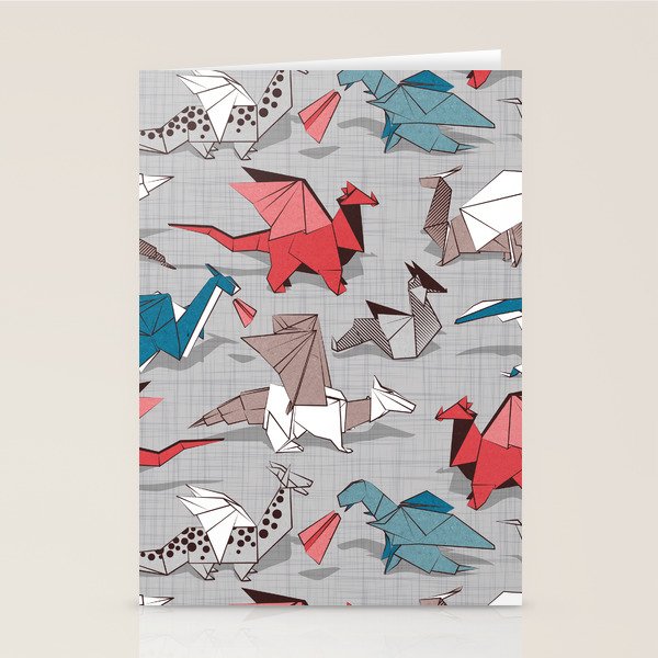 Origami dragon friends // linen texture background blue red grey and taupe fantastic creatures Stationery Card Gallery Image 1