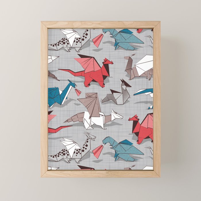 Origami dragon friends // linen texture background blue red grey and taupe fantastic creatures Mini Art Print Gallery Image 1